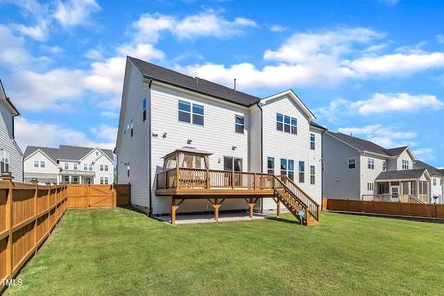 rear view of house with a gazebo, a residential view, a wooden deck, and stairs