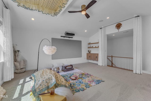 living area with lofted ceiling, carpet floors, a ceiling fan, recessed lighting, and baseboards