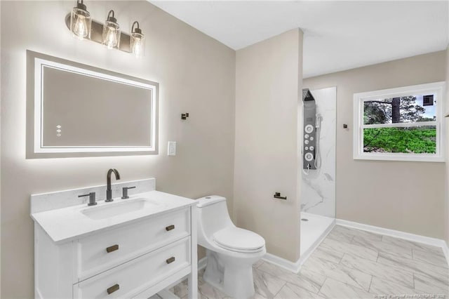 full bath featuring marble finish floors, vanity, a shower stall, toilet, and baseboards