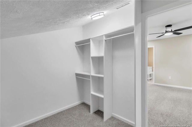 spacious closet featuring carpet floors and ceiling fan