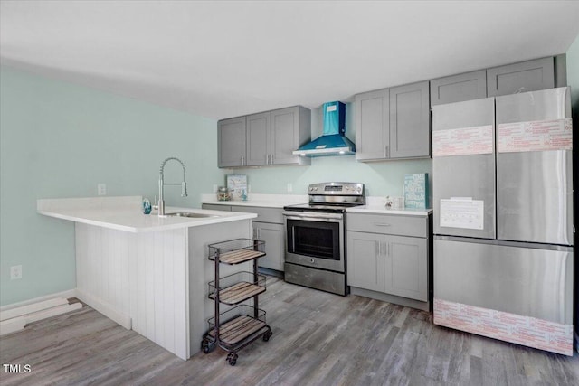 kitchen featuring wall chimney range hood, stainless steel appliances, gray cabinets, a sink, and light wood finished floors