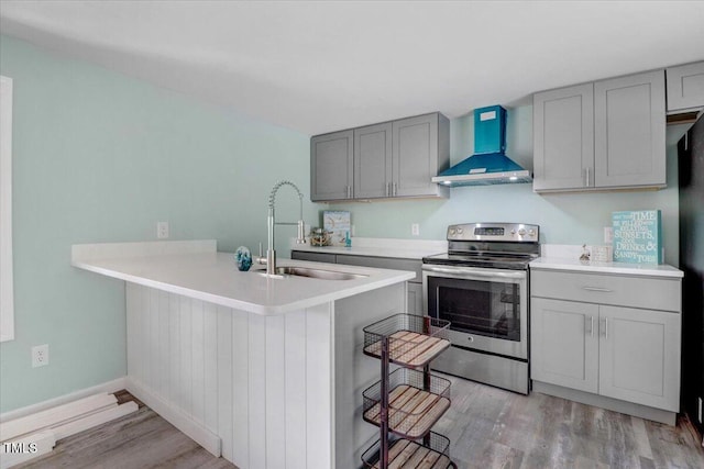 kitchen with electric range, wall chimney range hood, a sink, gray cabinetry, and light wood-type flooring