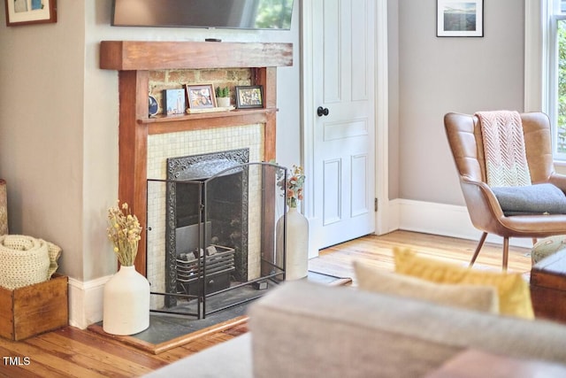 living area with wood finished floors, a fireplace, and baseboards