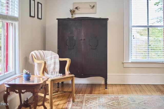 living area featuring healthy amount of natural light, wood finished floors, and baseboards