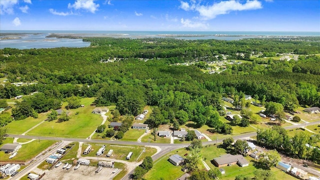 aerial overview of property's location featuring a forest, nearby suburban area, and a nearby body of water