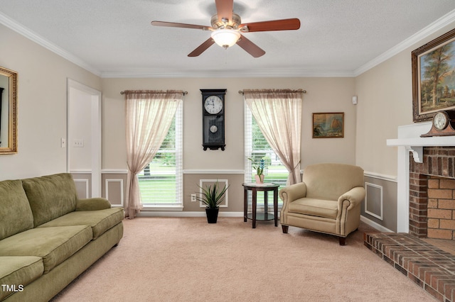124 Windmere Dr, Angier, NC 27501 - living area featuring healthy amount of natural light, a fireplace, ornamental molding, carpet floors, and a ceiling fan