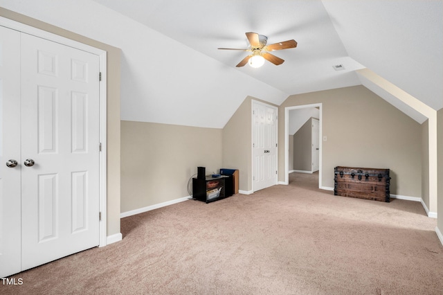 124 Windmere Dr, Angier, NC 27501 - bonus room featuring carpet flooring, ceiling fan, vaulted ceiling, and baseboards