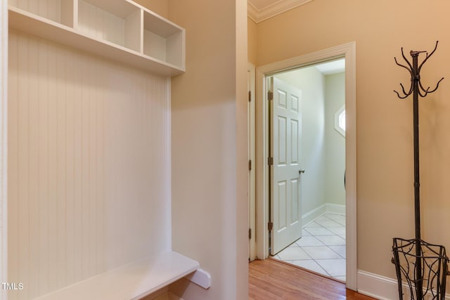 119 Marykirk Pl, Garner, NC 27529 - mudroom with ornamental molding, wood finished floors, and baseboards