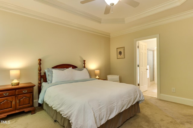 119 Marykirk Pl, Garner, NC 27529 - bedroom featuring light colored carpet, ornamental molding, a tray ceiling, ensuite bath, and ceiling fan
