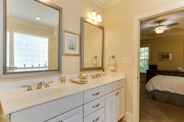 119 Marykirk Pl, Garner, NC 27529 - bathroom with ornamental molding, ensuite bath, a ceiling fan, and double vanity