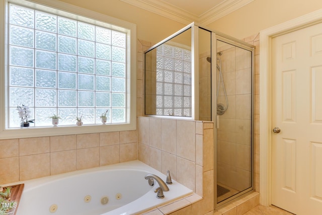 119 Marykirk Pl, Garner, NC 27529 - bathroom featuring a shower stall, ornamental molding, plenty of natural light, and a jetted tub