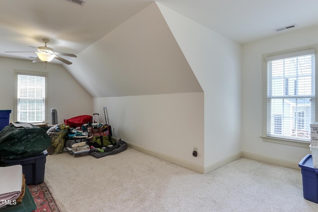 119 Marykirk Pl, Garner, NC 27529 - recreation room with carpet, baseboards, a ceiling fan, and vaulted ceiling
