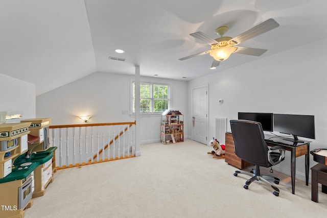 office space featuring ceiling fan, carpet flooring, vaulted ceiling, and recessed lighting
