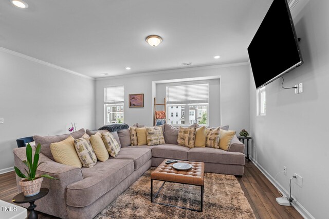 6352 Perry Creek Rd, Raleigh, NC 27616 - living room with ornamental molding, dark wood-style flooring, recessed lighting, and baseboards