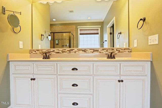 337 Shadowdale Ln, Rolesville, NC 27571 - full bathroom with a shower stall, crown molding, and double vanity