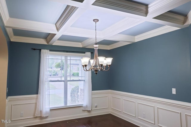337 Shadowdale Ln, Rolesville, NC 27571 - unfurnished room featuring coffered ceiling, beamed ceiling, a chandelier, wainscoting, and dark wood finished floors