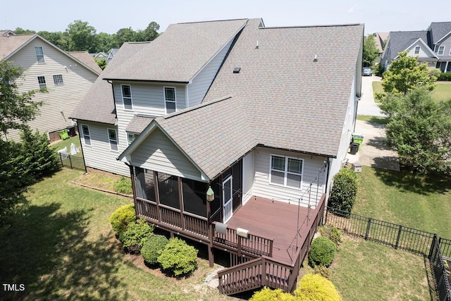 337 Shadowdale Ln, Rolesville, NC 27571 - rear view of property with a sunroom, roof with shingles, and a wooden deck
