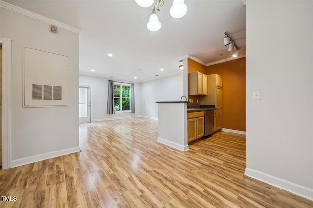 1301 Durlain Dr Unit 103, Raleigh, NC 27614 - kitchen featuring stainless steel dishwasher, dark countertops, ornamental molding, baseboards, and light wood finished floors
