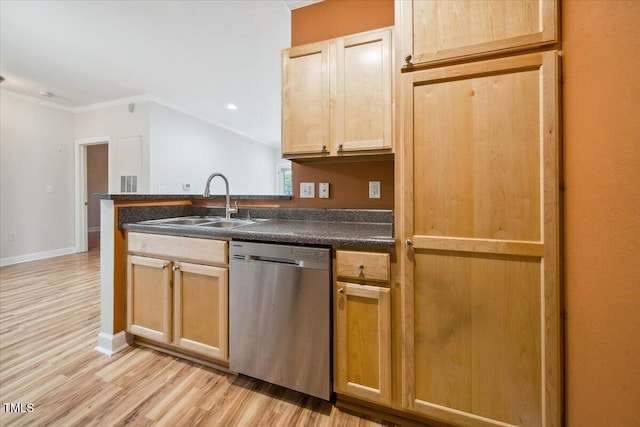 1301 Durlain Dr Unit 103, Raleigh, NC 27614 - kitchen featuring dishwasher, ornamental molding, dark countertops, a sink, and light wood-style floors