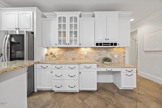 2507 Mayview Rd, Raleigh, NC 27607 - kitchen with white cabinets, ornamental molding, smart refrigerator, glass insert cabinets, and decorative backsplash