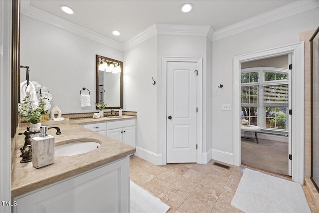 2507 Mayview Rd, Raleigh, NC 27607 - bathroom featuring vanity, baseboards, recessed lighting, and ornamental molding
