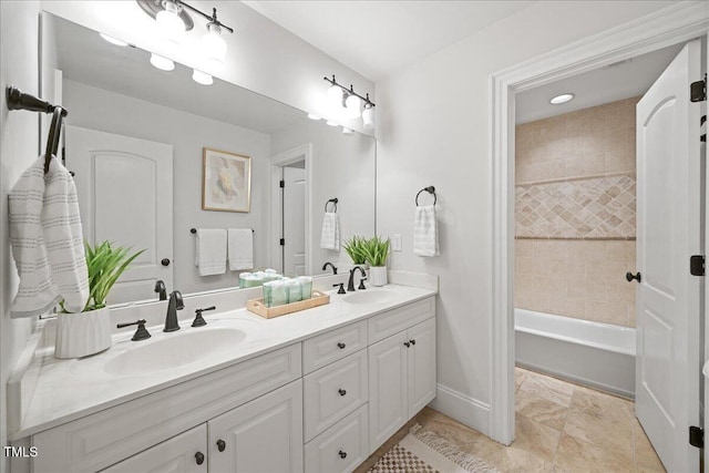 2507 Mayview Rd, Raleigh, NC 27607 - bathroom featuring double vanity, shower / tub combination, and baseboards