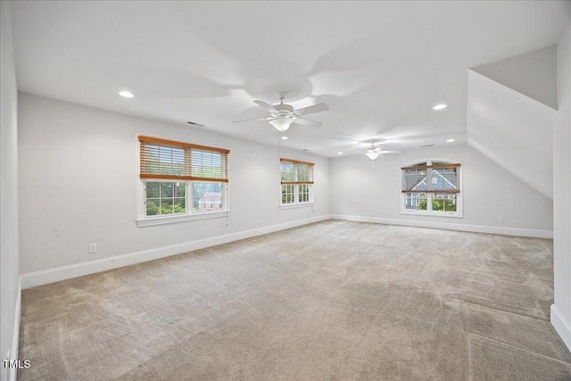 2507 Mayview Rd, Raleigh, NC 27607 - unfurnished room with recessed lighting, ceiling fan, carpet flooring, baseboards, and lofted ceiling