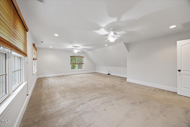 2507 Mayview Rd, Raleigh, NC 27607 - additional living space with light colored carpet, a ceiling fan, lofted ceiling, baseboards, and recessed lighting