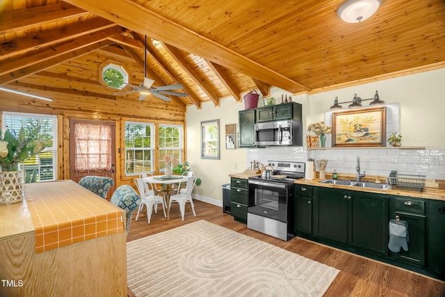 2508 Albany St, Durham, NC 27705 - kitchen featuring stainless steel appliances, a sink, green cabinets, plenty of natural light, and wooden ceiling