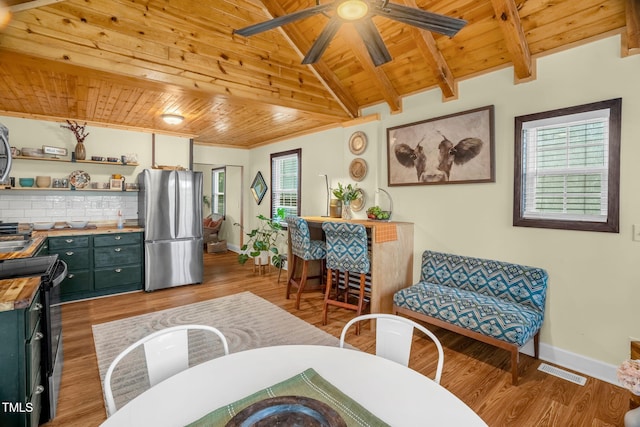 2508 Albany St, Durham, NC 27705 - dining space featuring wooden ceiling, baseboards, wood finished floors, and a ceiling fan