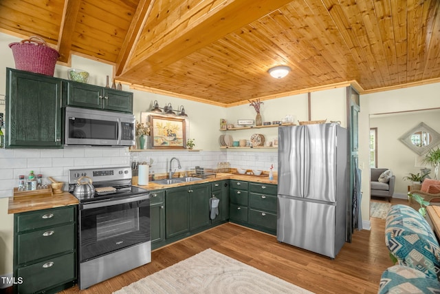 2508 Albany St, Durham, NC 27705 - kitchen featuring green cabinetry, stainless steel appliances, wooden ceiling, a sink, and backsplash