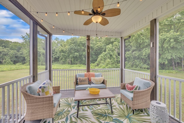 1109 Agio Ct, Zebulon, NC 27597 - wooden deck featuring a lawn and a ceiling fan