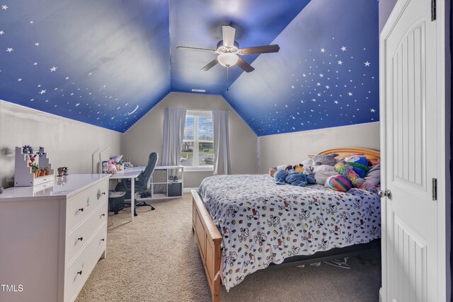 1109 Agio Ct, Zebulon, NC 27597 - bedroom featuring light colored carpet, lofted ceiling, a desk, and ceiling fan