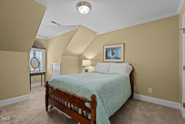 carpeted bedroom featuring baseboards and ornamental molding