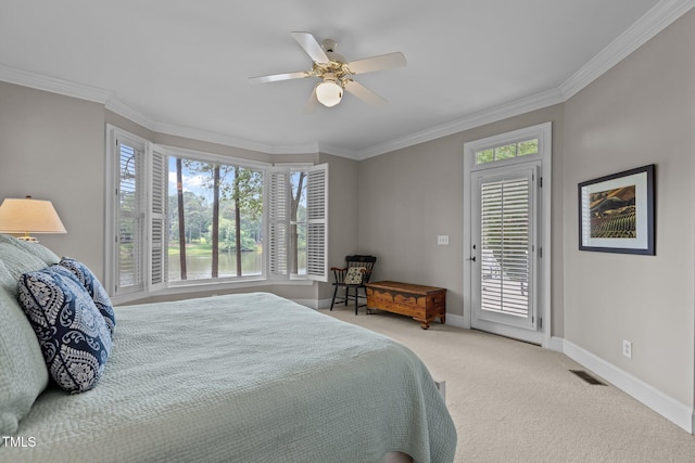 bedroom featuring multiple windows, crown molding, baseboards, and access to outside