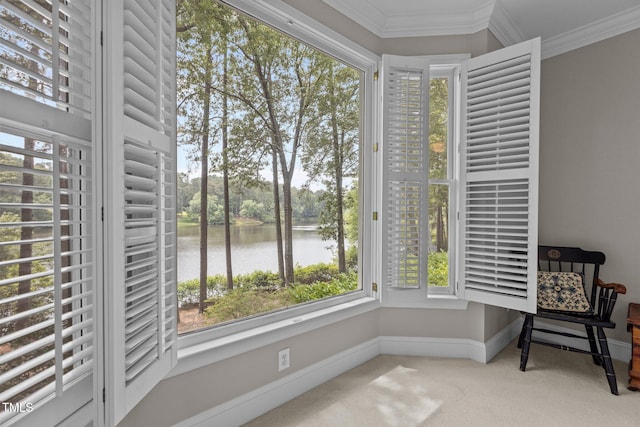 unfurnished sunroom featuring a water view and view of wooded area