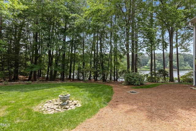 view of green lawn with a water view