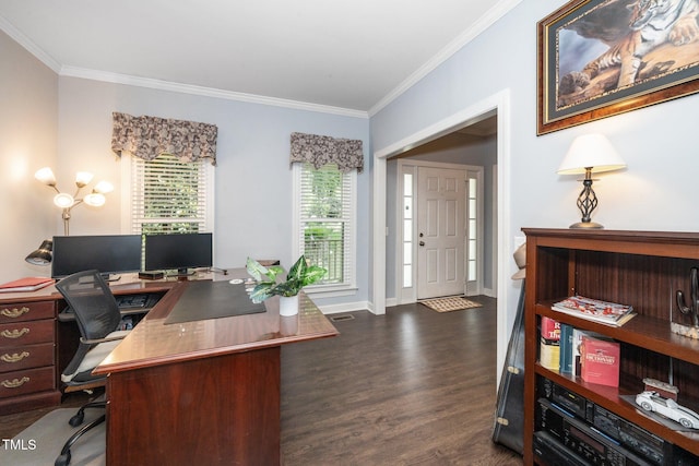 203 W Hill Dr, Cary, NC 27519 - office area featuring ornamental molding and dark wood-style floors