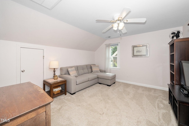 203 W Hill Dr, Cary, NC 27519 - living room with light colored carpet, lofted ceiling, and ceiling fan