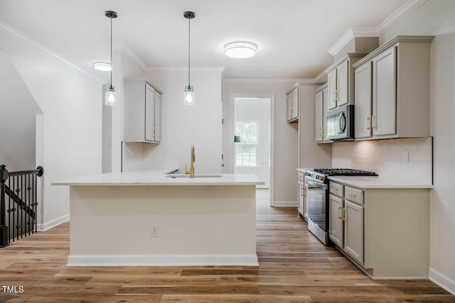 kitchen featuring appliances with stainless steel finishes, a sink, gray cabinets, light wood finished floors, and crown molding