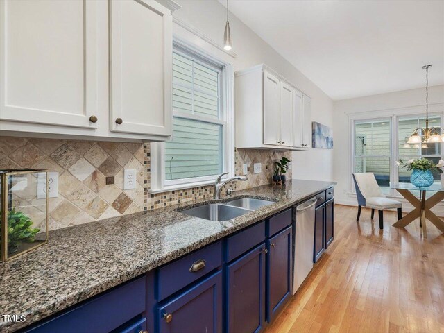 102 Westside Dr, Chapel Hill, NC 27516 - kitchen with a sink, blue cabinets, white cabinetry, dishwasher, and dark stone countertops
