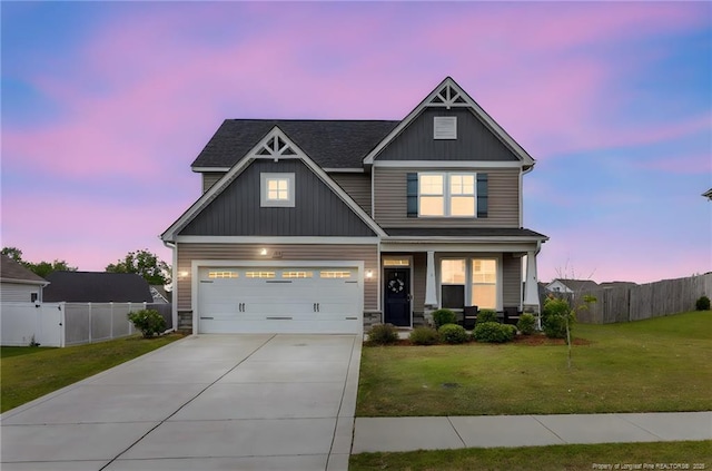 craftsman inspired home with concrete driveway, a porch, board and batten siding, and stone siding
