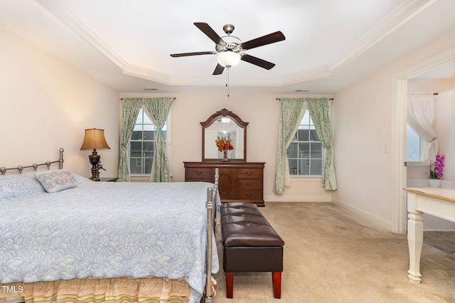 3904 Freemark Ln, Fuquay Varina, NC 27526 - bedroom featuring a tray ceiling, carpet, ornamental molding, baseboards, and ceiling fan