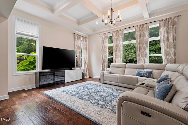 200 Vintage Hill Cir, Apex, NC 27539 - living area featuring coffered ceiling, baseboards, a chandelier, healthy amount of natural light, and beam ceiling