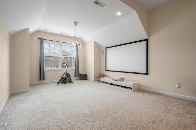 200 Vintage Hill Cir, Apex, NC 27539 - cinema room with carpet, vaulted ceiling, baseboards, and a chandelier
