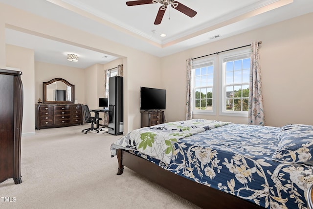 200 Vintage Hill Cir, Apex, NC 27539 - carpeted bedroom with a tray ceiling, crown molding, a ceiling fan, and baseboards