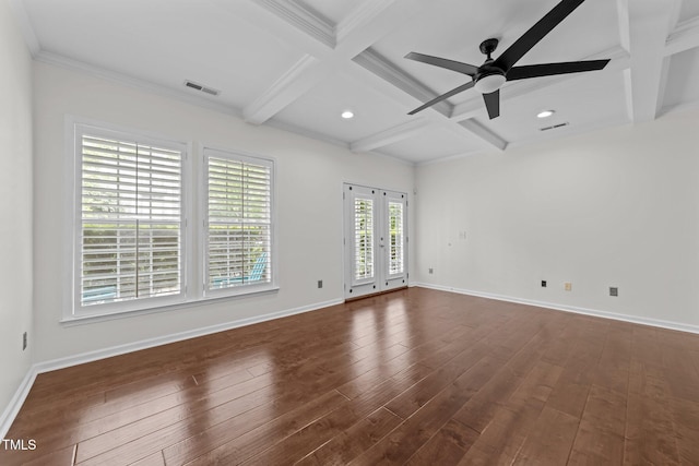 9164 Wooden Rd, Raleigh, NC 27617 - unfurnished room with coffered ceiling, beamed ceiling, dark wood-type flooring, baseboards, and a ceiling fan