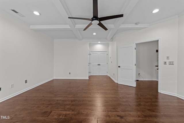 9164 Wooden Rd, Raleigh, NC 27617 - empty room featuring a ceiling fan, beamed ceiling, recessed lighting, wood finished floors, and coffered ceiling