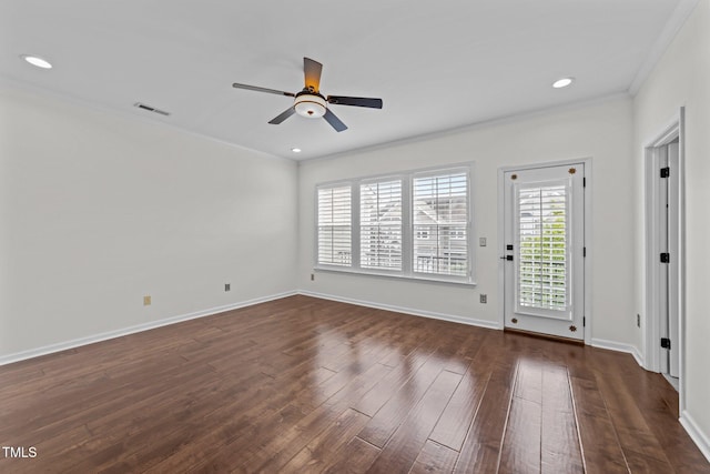 9164 Wooden Rd, Raleigh, NC 27617 - spare room featuring a ceiling fan, ornamental molding, dark wood-style flooring, baseboards, and recessed lighting