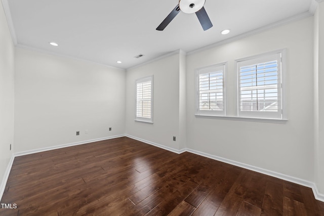 9164 Wooden Rd, Raleigh, NC 27617 - unfurnished room with a ceiling fan, crown molding, dark wood-style flooring, baseboards, and recessed lighting